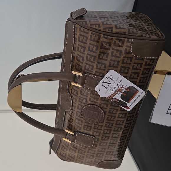 Fendi 1990s Zucca Coated Canvas Boston Bag w/textured leather- rare collectable